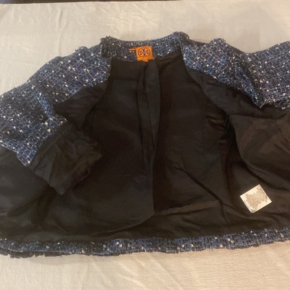 TORY BURCH Tweed Blue Teal w/white Ruffle Trim Jacket Size 10 Fully Lined +NICE! - Picture 5 of 14